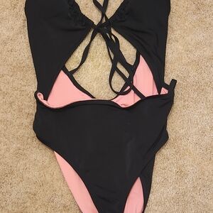PINK Victoria Secret Black and Pink Cutout Swimsuit Large